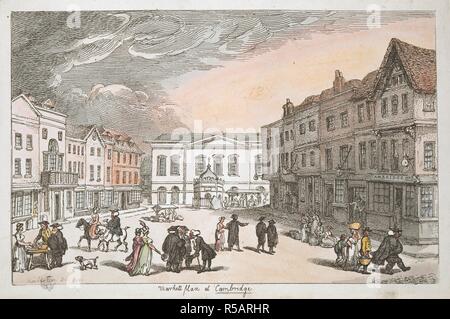 Scholars, women, horses and dogs in Cambridge Market square; shops on either side; the town hall and Hobson's Conduit in the distance . Market Place at Cambridge. [England] : [publisher not identified], 1801. Etching with hand-colouring. Source: Maps K.Top.8.47.a. Language: English. Author: ROWLANDSON, THOMAS. Stock Photo