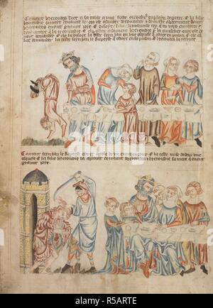 Salome's dance; the death of John the Baptist; his head is brought before Herod and Salome on a platter. Bible (the 'Holkham Bible Picture Book'). c. 1327-1335. Source: Add. 47682, f.21v. Language: English and Anglo Norman. Stock Photo