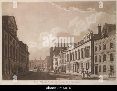 A view down a street in Westminster looking towards Old Palace Yard. Grand buildings on either side, two carriages on the street, a sedan chair on the pavement to left, other elegantly dressed figures to the left and right . OLD PALACE YARD from MARGARET STREET. Published as the Act directs May 28 1782 by T. Malton No.8 Carlisle Street, Soho. Sepia aquatint and etching. Source: Maps K.Top.22.16. Language: English. Author: MALTON, THOMAS. Stock Photo