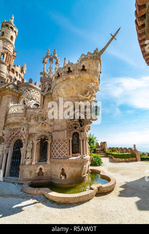 a close up of a beautiful castle tower in the shape of a ship bow in Benalmadena, Spain Stock Photo