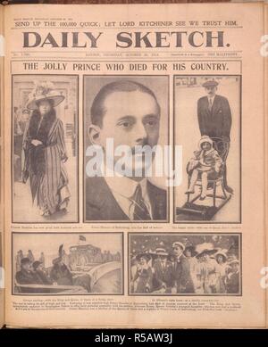 'The jolly prince who died for his country'. Newspaper report on the death of Prince Maurice of Battenberg'. Prince Maurice of Battenberg, KCVO, (Maurice Victor Donald; 3 October 1891 â€“ 27 October 1914) was a member of the Hessian princely Battenberg family and the extended British Royal Family, the youngest grandchild of Queen Victoria. The young Prince served in World War I as a lieutenant in the King's Royal Rifle Corps, and was killed in service in the Ypres Salient in 1914. Daily Sketch. London, 1914. Source: Daily Sketch 29/10/1914 page 1. Stock Photo