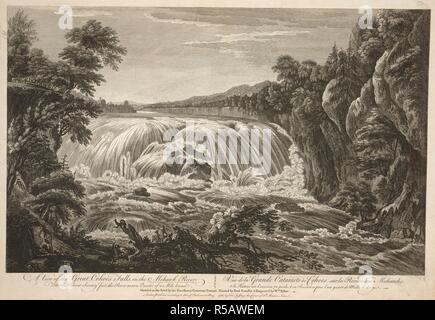 A group of figures stand by a fallen tree in the foreground looking at the waterfall behind, with cliffs and trees on both banks of the Mohawk River and forests in the background . A View of the Great Cohoes Falls, on the Mohawk River = Vue de la Grande Cataracte de Cohoes, sur la Riviere des Mohawks. London : publish'd according to Act of Parliament. May 1761, by Tho.s Jefferys the Corner of St. Martin's Lane, [May 1761]. Etching and engraving. Source: Maps K.Top.121.117. Language: English and French. Author: SANDBY, PAUL. Stock Photo