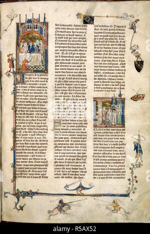 Lancelot leaves the court. La Queste del Saint Graal. France (Picardy?); early 14th century (1300-1315?). [Whole folio] LH miniature; A servant kneeling in front of the table cutting bread. RH miniature; Lancelot knighting his son Galahad. Text; grotesques blowing trumpets, with bow and arrows, and fighting on horseback  Image taken from Romance of the Saint Graal.  Originally published/produced in France (Picardy?); early 14th century (1300-1315?). . Source: Royal 14 E. III, f.89. Language: French. Stock Photo