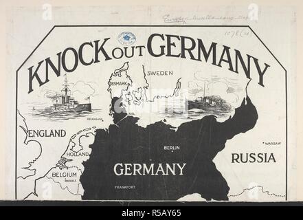 A pictorial map of the First World War. Knock out Germany. An instructive partial map of Europe with Germany silhouetted, etc. [London] : S[p]ecially prepared for the Toy Target Company, [1914]. 345 x 365 mm.    . Source: Maps.1078.(41). Stock Photo