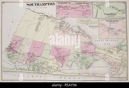 Map of Southampton, on Long Island New York in the United States. . Atlas of Long Island, New York. From recent and actual Surveys and Records under the superintendence of F.W. Beers. New York, 1873. Source: Maps.33.d.17 ff.186-187. Language: English. Stock Photo