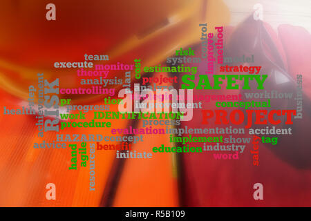 Health & Safety Word Clouds with standard construction safety equipment. Stock Photo