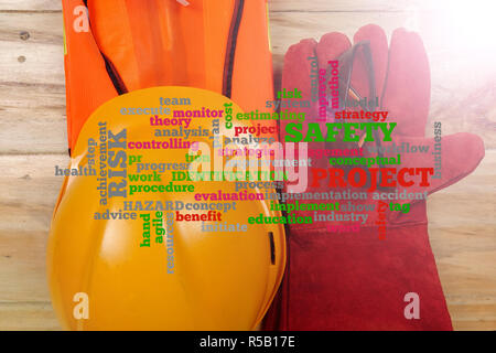 Health & Safety Word Clouds with standard construction safety equipment. Stock Photo