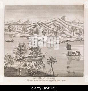 A view of a lake or river, with a man standing before a bridge providing access from the shore to a small island with trees opposite a pavilion built near the water's edge and surrounded by various types of trees. A rocky landscape in the background. The Place for Thinking : A Pleasure House in View of a very pretty little Island. [London] : [Printed for and sold by Thomas Bowles, John Bowles, and Son, Robert Sayer, and Henry Overton], [1753]. etching and engraving. Source: Maps 7.Tab.73, plate 9. Language: English. Stock Photo