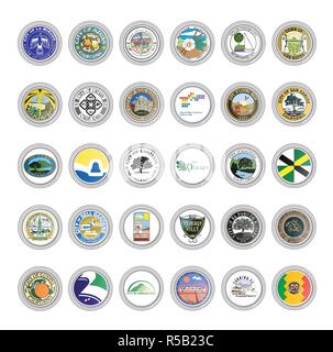 Set of vector icons. Flags and seals of cities, California state, USA. 3D illustration. Stock Vector