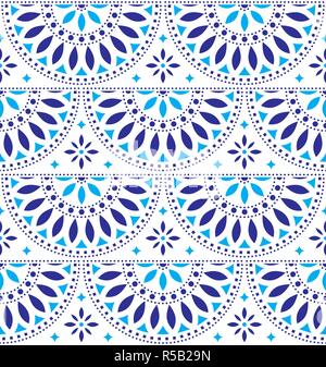 Mexican folk art vector seamless geometric pattern with flowers, blue fiesta design inspired by traditional art from Mexico Stock Vector