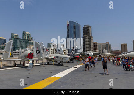 General view od aircraft on the flight deck of the USS Midway Museum, San Diego, California, United States. Stock Photo