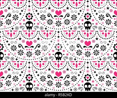 Mexican folk art vector seamless pattern with skulls, Halloween decor, flowers and abstract shapes, pink, white and gray textile design Stock Vector
