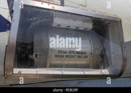 A 675 round MAG bullet drum on a F-14 Tomcat fighter aircraft, USS Midway Museum, San Diego, California, United States. Stock Photo