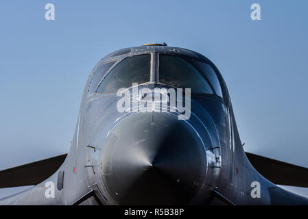 US Air Force Rockwell B-1B Lancer nuclear bomber jet plane at the Royal International Air Tattoo, RIAT, RAF Fairford airshow on display. Worn. Stock Photo