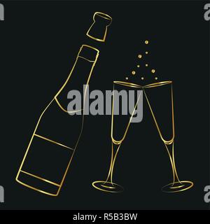 golden champagne bottle and glasses outline drawing vector illustration EPS10 Stock Vector