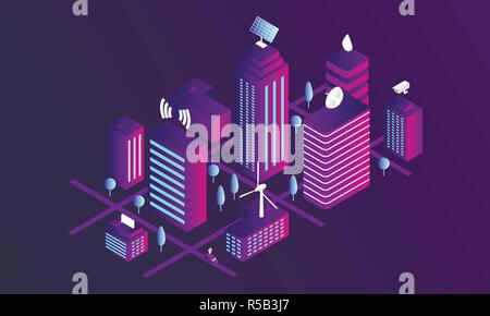 Smart city concept banner. Isometric illustration of smart city vector concept banner for web design Stock Vector