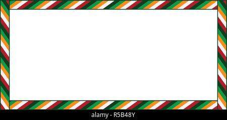 Cute Christmas or New Year border with colored striped pattern ornament isolated on white background. Vector rectangle template, banner, frame, scrapb Stock Vector