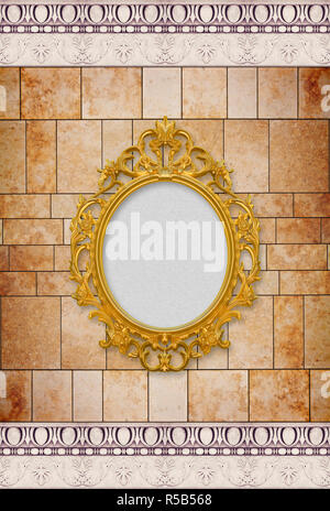 New modern stone wall with wooden golden baroque frame - concept image with central copy space Stock Photo