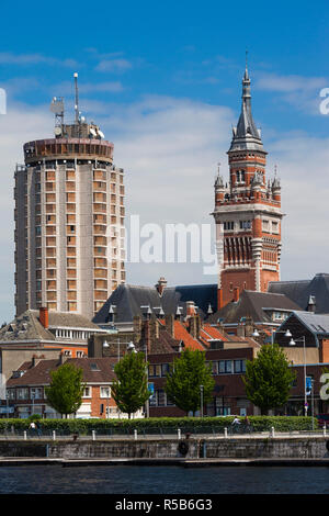 France, Nord-Pas de Calais Region, French Flanders Area, Dunkerque, Bassin du Commerce marina and town hall tower Stock Photo