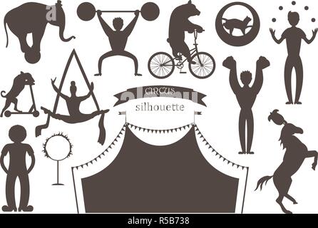 A set of flat vector silhouettes of circus artists. Clowns, acrobats and trained animals. Stock Vector