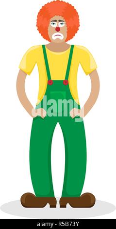 Sad clown in a red wig. Flat vector illustration. Stock Vector