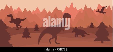 Flat mountain landscape with silhouettes of dinosaurs. Stock Vector