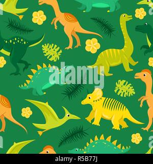 Seamless pattern with flat vector cartoon dinosaurs. Stock Vector