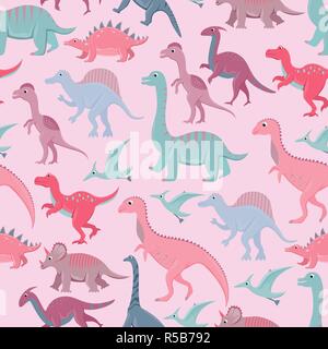 Seamless pattern with flat vector cartoon dinosaurs. Stock Vector