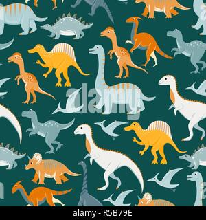 Seamless pattern with flat vector cartoon dinosaurs. Stock Vector