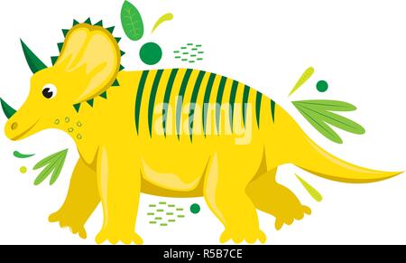 Flat vector isolated cartoon dinosaur with abstract leaves. Stock Vector