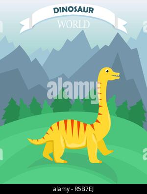 Poster with dinosaur on the background of a mountain landscape. Dinosaur world. Banner in a flat cartoon style. Stock Vector