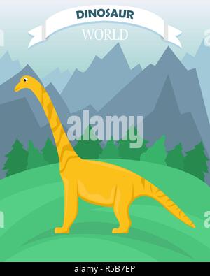 Poster with dinosaur on the background of a mountain landscape. Dinosaur world. Banner in a flat cartoon style. Stock Vector