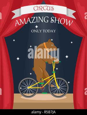 Circus bear on a bicycle. Flat vector poster. Stock Vector