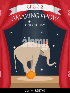 Circus trained elephant on the ball. Flat vector poster. Stock Vector
