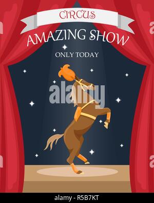 Circus trained horse in stage decoration. Flat vector poster. Stock Vector