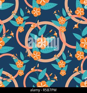 Seamless tropical pattern with flowers and geometric shapes. Stock Vector