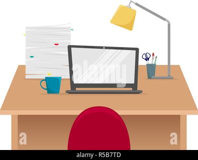 Office workplace. Table with laptop, stack of papers, Desk lamp. Flat vector illustration. Stock Vector