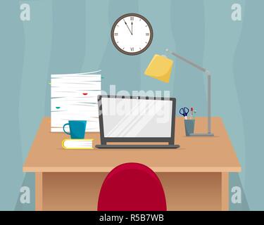 Office workplace. Table with laptop, stack of papers, Desk lamp. Flat vector illustration. Stock Vector