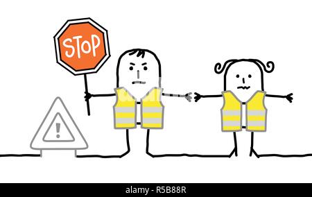 Cartoon people with safety yellow vest and stop sign Stock Vector