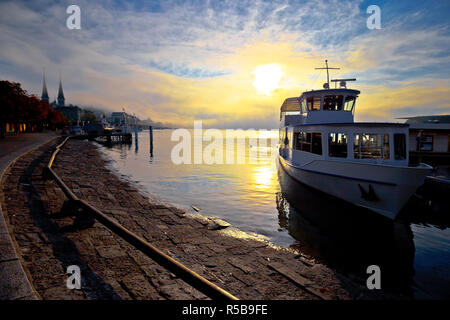 Lake luzern mystic foggy morning view, central Switzerland Stock Photo