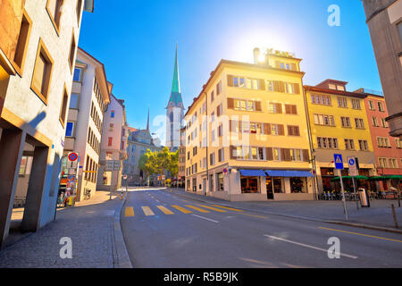 Colorful street of Zurich sun haze view, central Switzerland Stock Photo