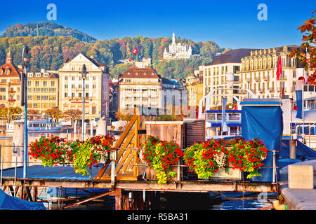 City of Lucerne colorful lake waterfront and landmarks view, central Switzerland Stock Photo