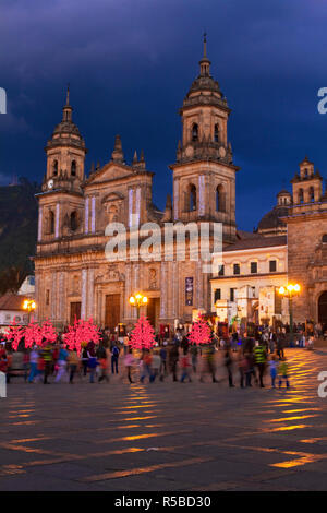 Colombia, Bogota, Plaza de Bolivar, Neoclassical Cathedral  Primada de Colombia at Christmas