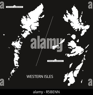 Western Isles of Scotland map black inverted silhouette illustration Stock Photo