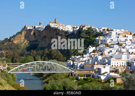 Church bell towers & whitewashed houses, Arcos De la Fontera, Cadiz Province, Andalusia, Spain Stock Photo