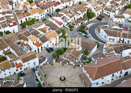 Elevated view over town houses from Moorish Castle, Zahara de la Sierra, Cadiz Province, Andalusia, Spain Stock Photo