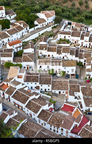 Elevated view over town houses from Moorish Castle, Zahara de la Sierra, Cadiz Province, Andalusia, Spain Stock Photo