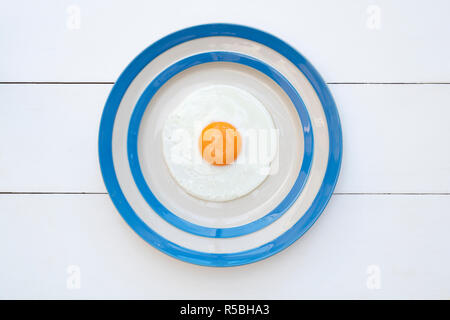 Fried Hens Egg on a cornishware plate Stock Photo
