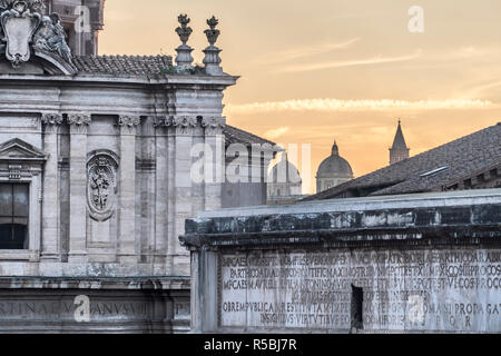 Rome skyline seen from the Roman Forum with the Arch of Septimius Severus right foreground, and the church of Santi Luca e Martina on the left, Centra Stock Photo