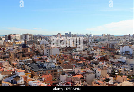 VALENCIA, SPAIN - NOVEMBER 27, 2018: Over the roofs of Valencia, Spain, from top of Valencia Cathedral. View of the city in direction of the port. Stock Photo